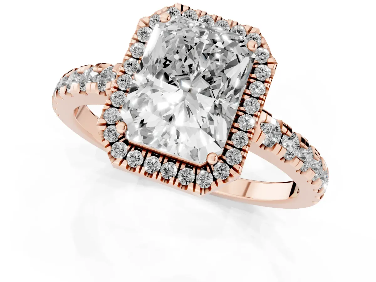 Radiant Cut Diamond Halo Ring with Pavé Band and Four-Prong Setting Rose gold