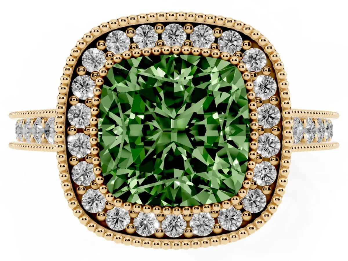 Fancy Green Halo Cushion Cut-Cut Diamond Pave Band Milgrain Prong Setting Ring Yellow gold