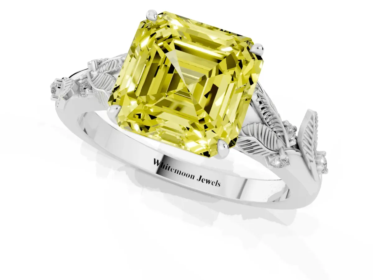 Fancy Yellow Asscher Cut Diamond Solitaire Ring with Leaf Motif Band and Four-Prong Setting Silver