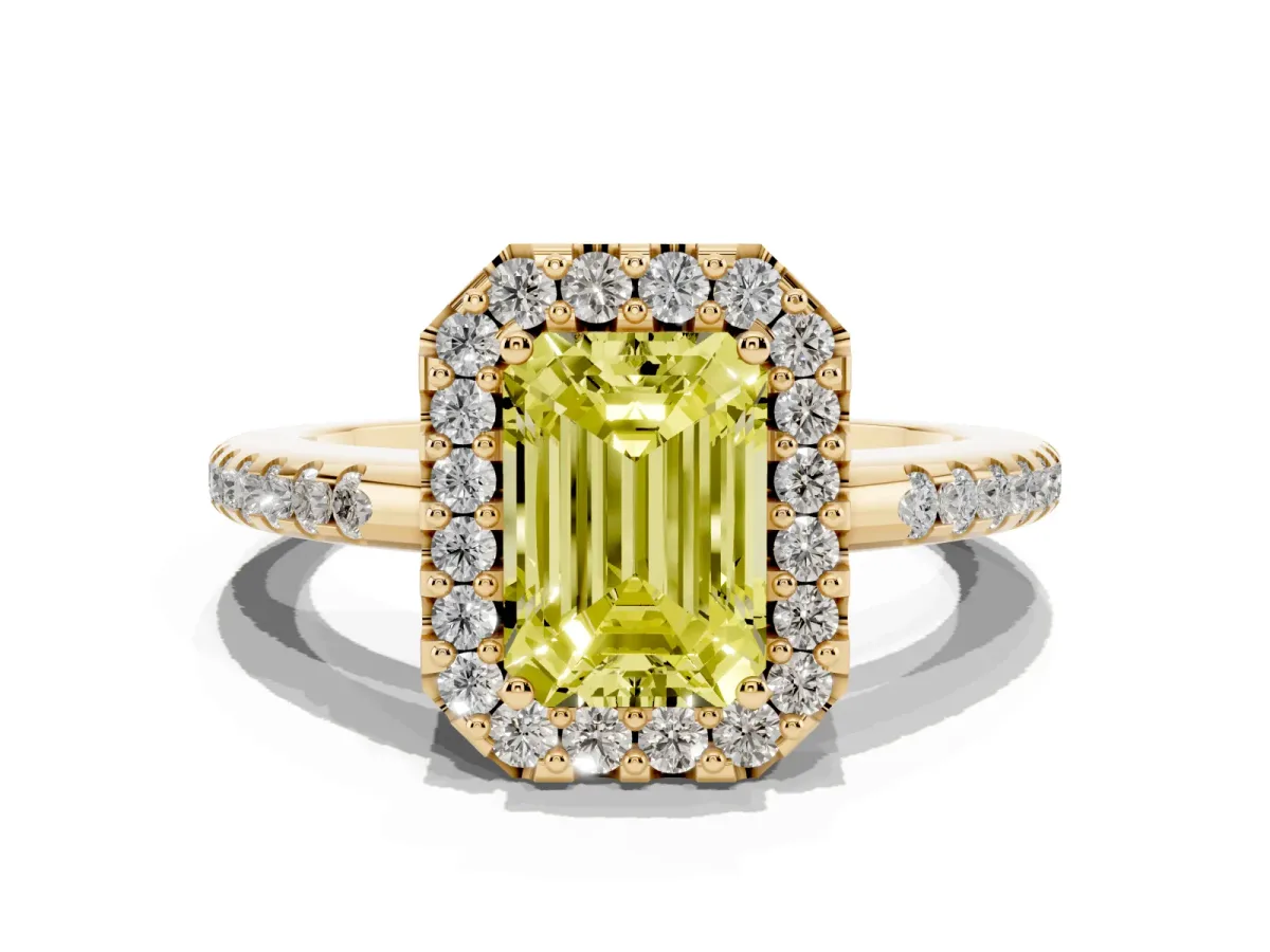 Fancy Yellow Emerald Cut Diamond Pavé Halo Ring with Four-Prong Setting Yellow gold