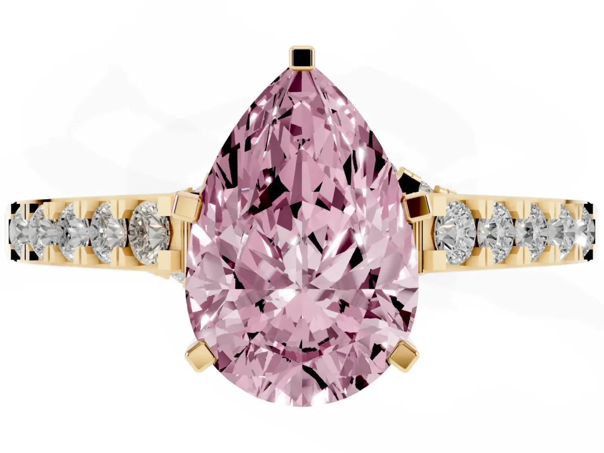 Fancy Pink Pear Cut Diamond Solitaire Ring with Crossover Gallery and Round Pavé Band Yellow gold