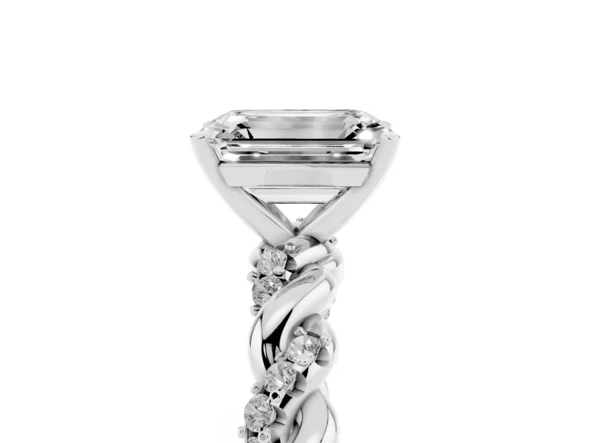 Emerald Cut Diamond Solitaire Ring with Twisted Band and Pavé Accents Silver