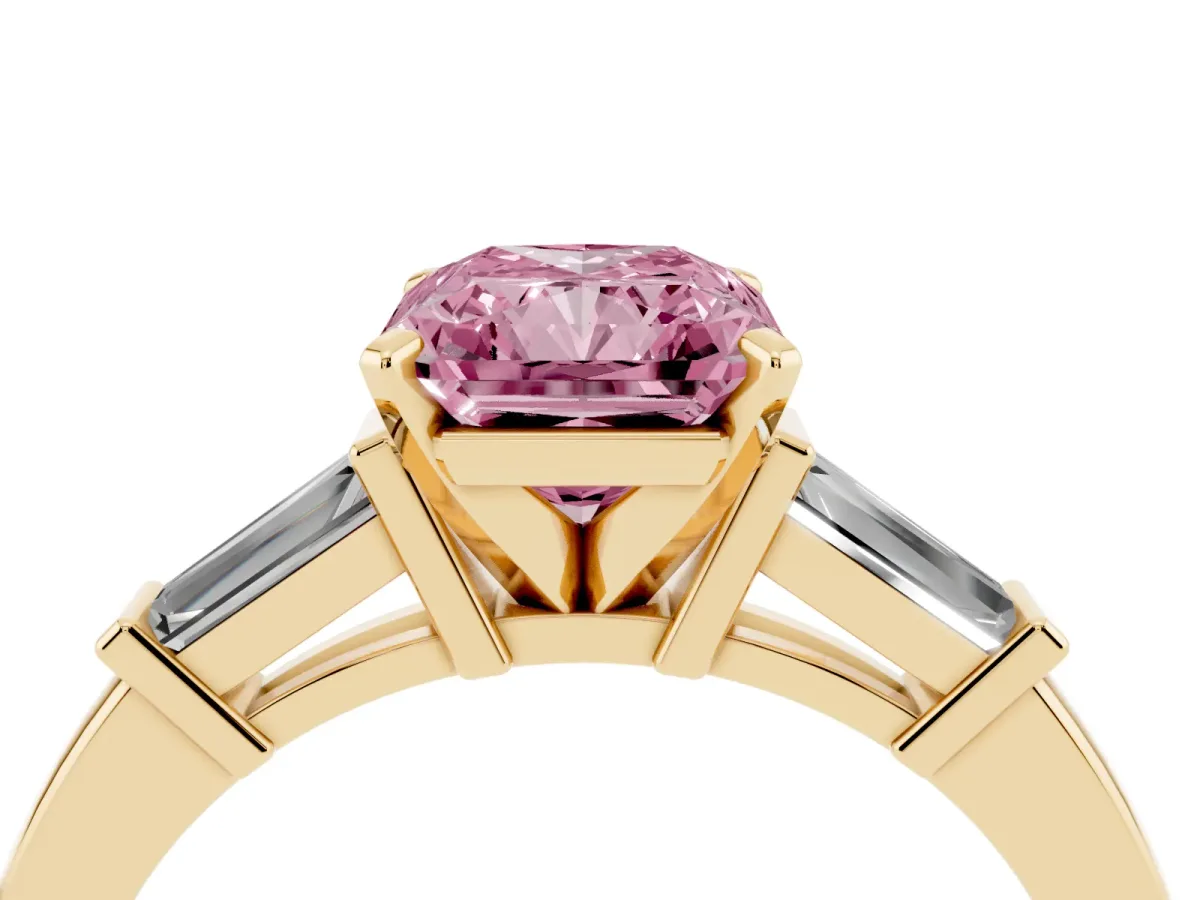 Fancy Pink Radiant Cut Cut Diamond Solitaire Ring with Tapered Baguette Accents and Four-Prong Setting Yellow gold