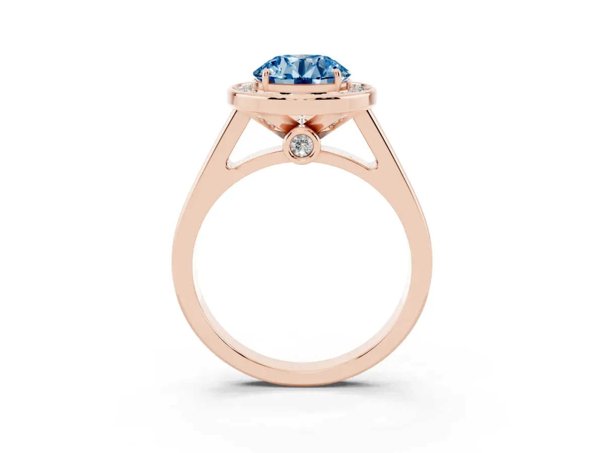Fancy Blue Round Cut Halo Solitaire Diamond Ring with Pave Band and Bezel Setting Rose gold