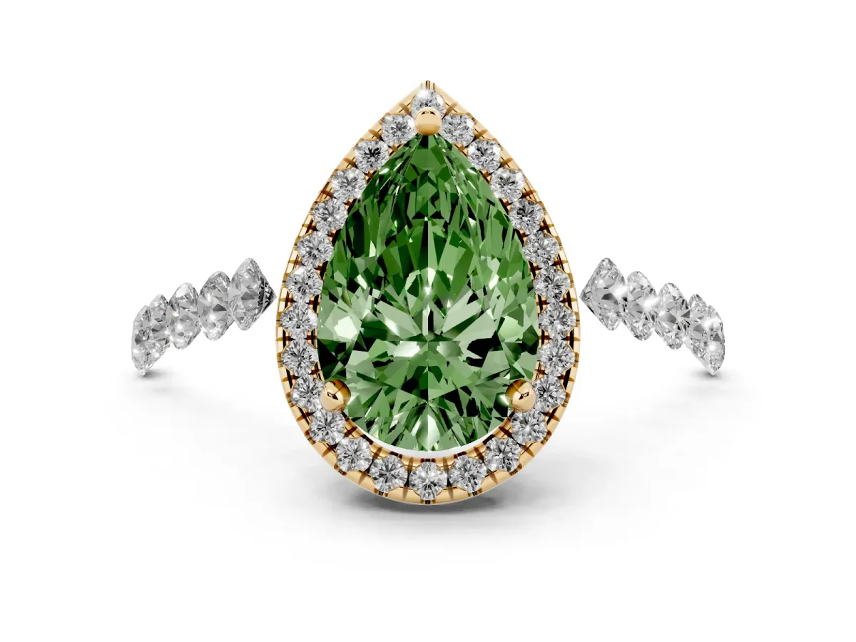 Fancy Green Pear Cut Halo Pavé Diamond Engagement Ring with Four-Prong Setting Yellow gold