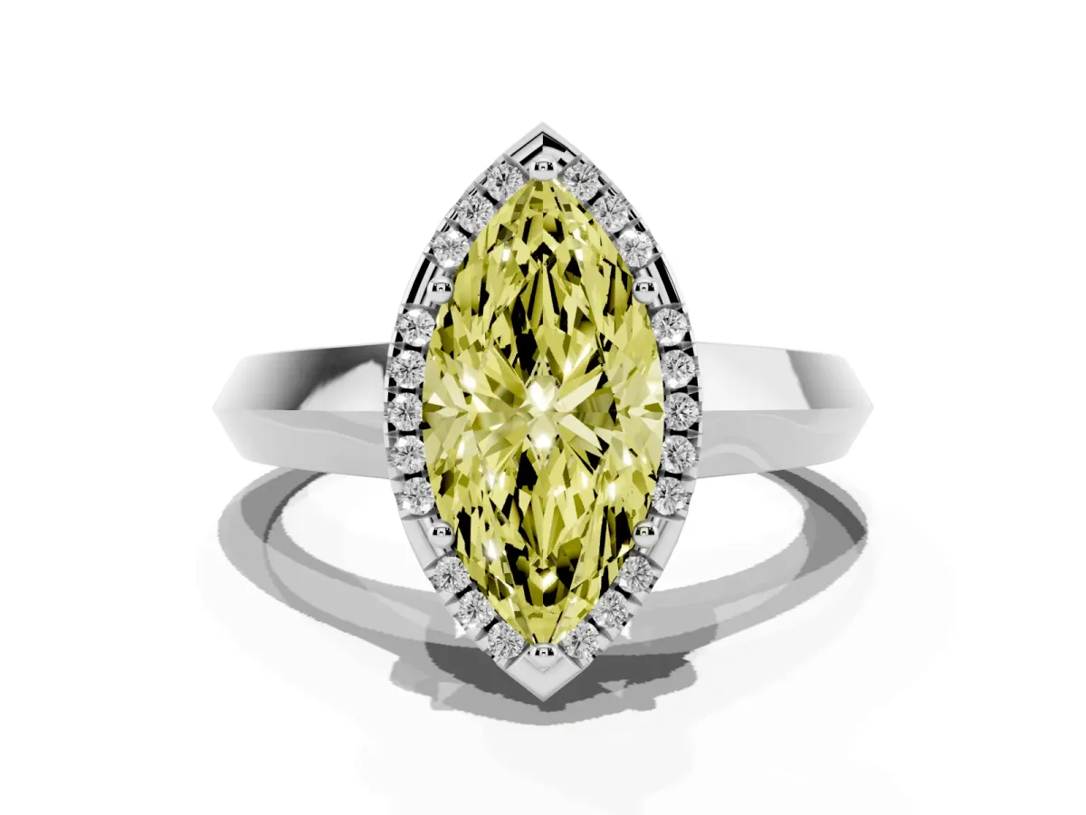 Fancy Yellow Marquise Cut Halo Diamond Ring with Cathedral Band and Four-Prong Setting White gold