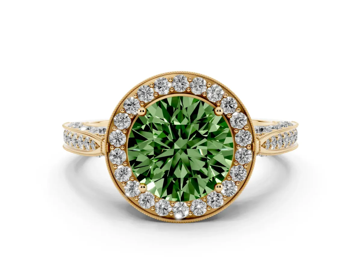 Fancy Green Round Cut Halo Diamond Engagement Ring with Split Shank Band and Four-Prong Setting Yellow gold