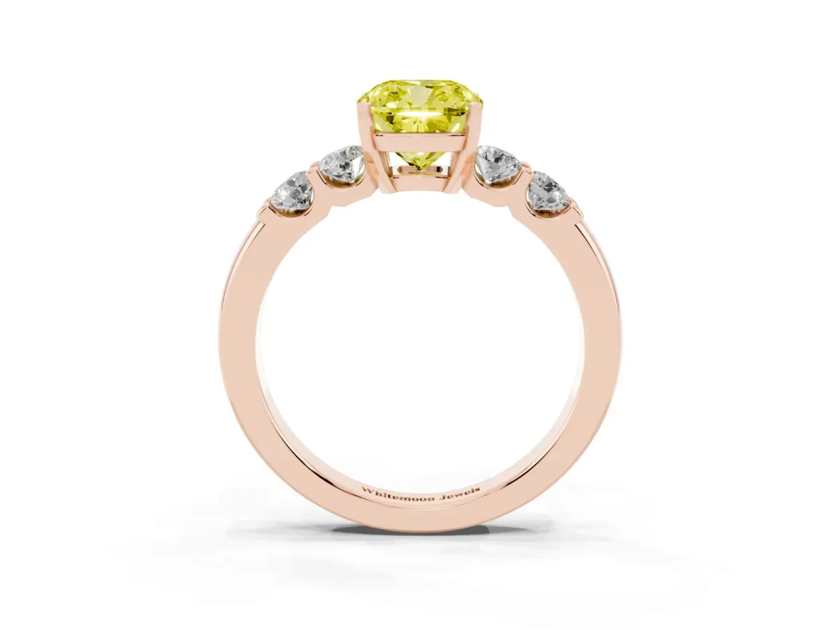 Fancy Yellow Cushion Cut Brilliant Cut Diamond Five-Stone Prong Set Engagement Ring with Channel Band Rose gold