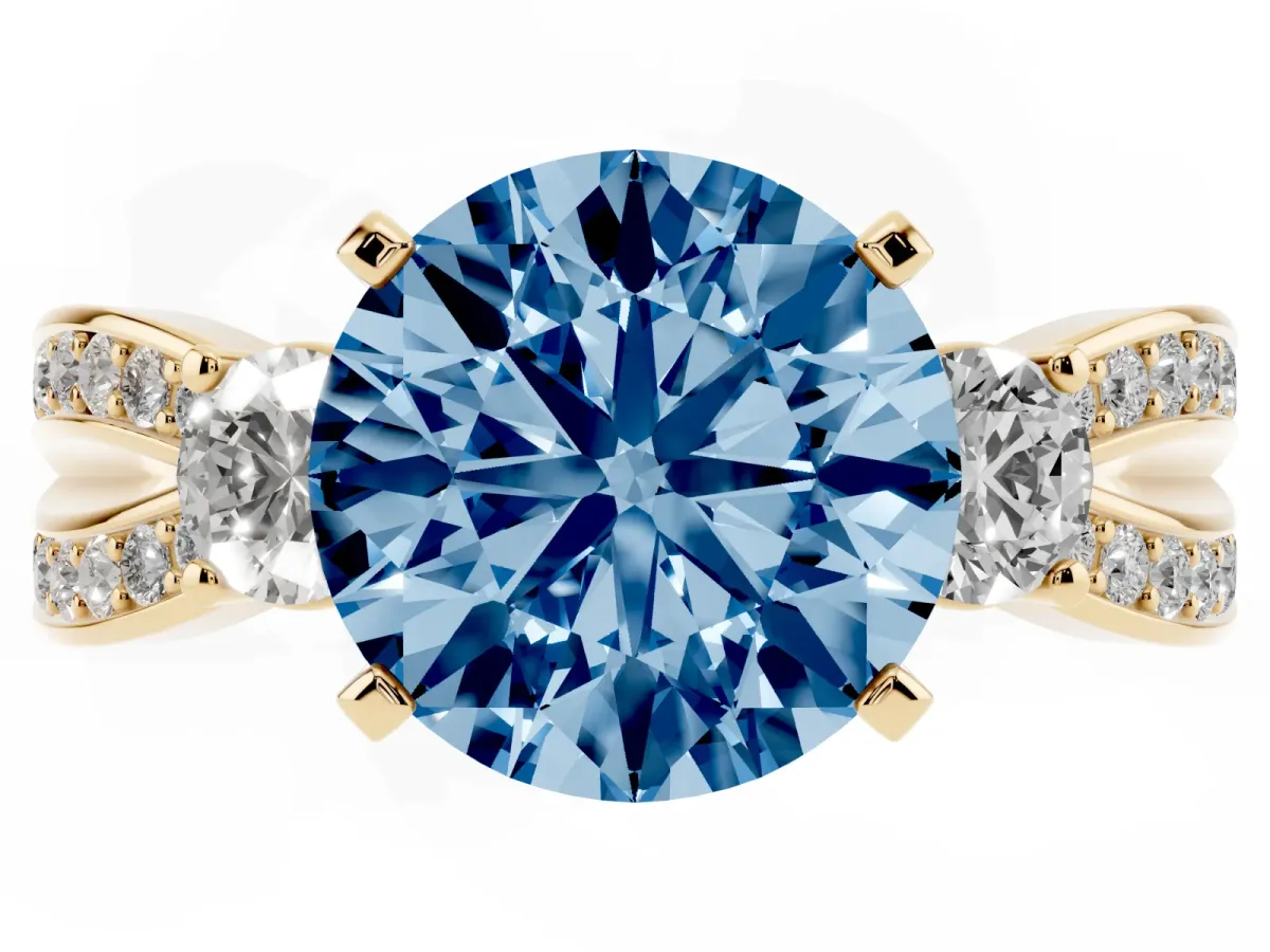 Fancy Blue Three-Stone Round Cut Cut Diamond Twist Band with Prong Setting Yellow gold