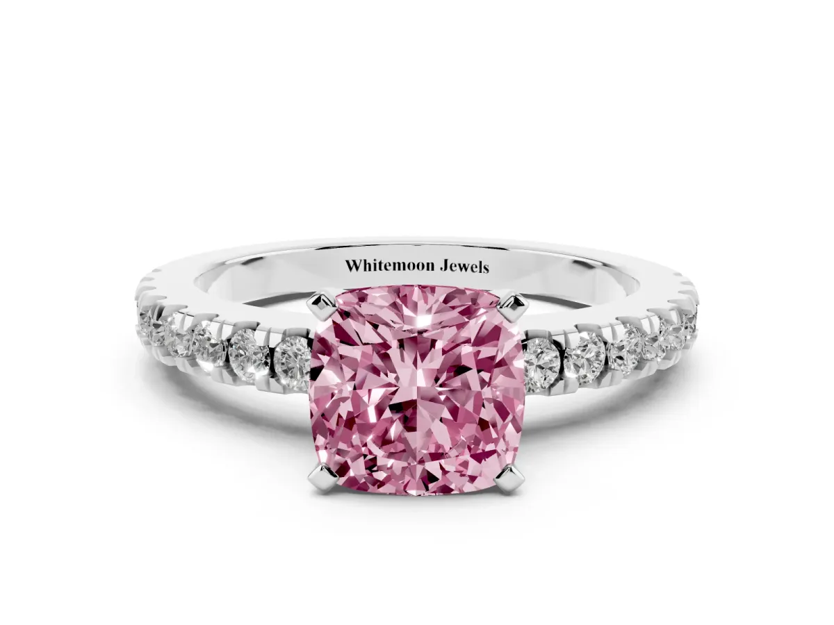 Fancy Pink Cushion Cut Solitaire Diamond with Pavé Band and Four-Prong Setting Platinum