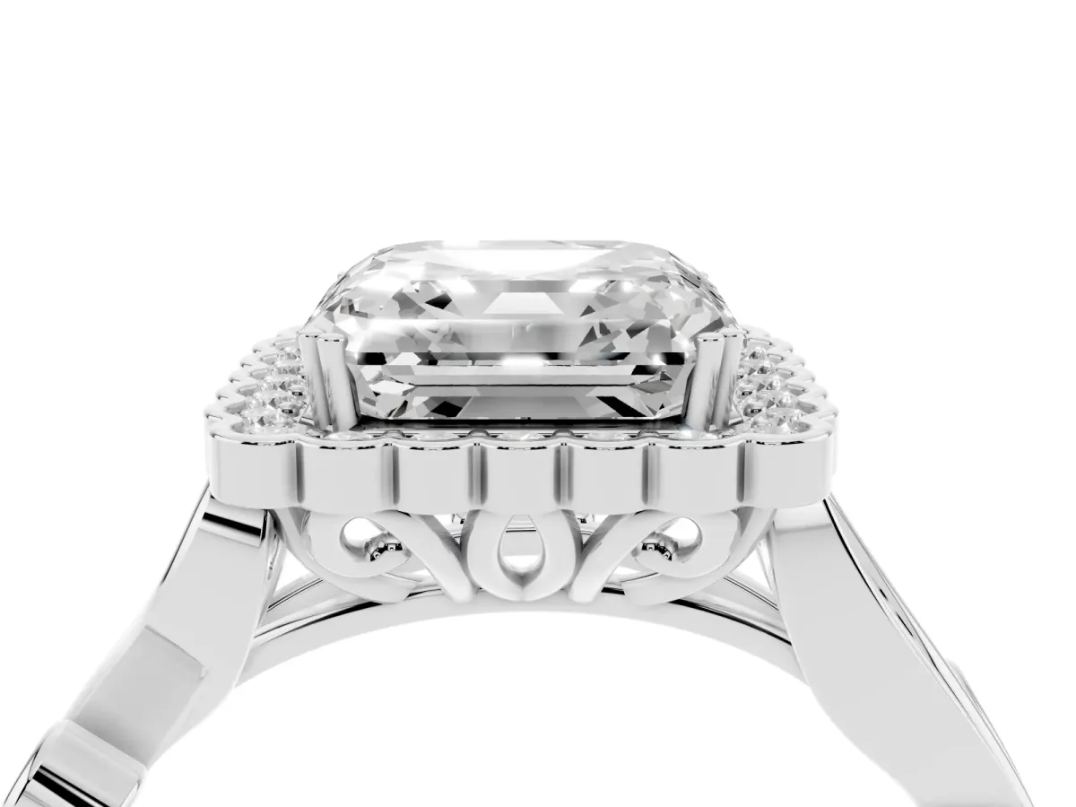 Asscher Cut Diamond Halo Ring with Vintage Split Shank and Four-Prong Setting Silver