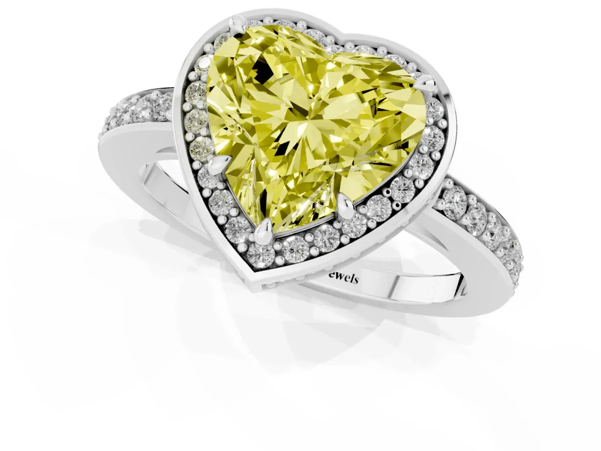 Fancy Yellow Heart Cut Halo Pave Band Solitaire Ring with Prong Setting White gold