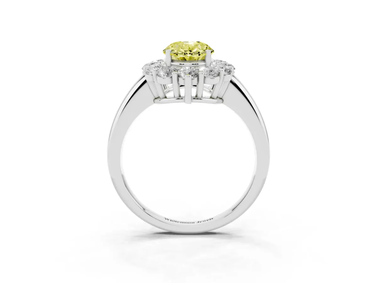 Fancy Yellow Oval Cut Halo Cluster Diamond Engagement Ring with Prong Setting and Polished Band Platinum