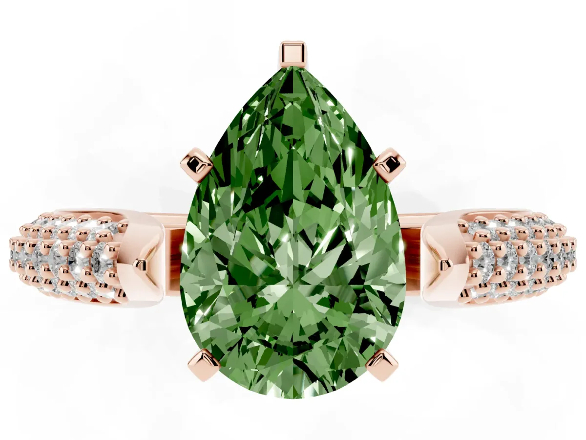 Fancy Green Pear Cut Diamond Solitaire Engagement Ring with Multi-Row Round Pavé Band and Prong Setting Rose gold
