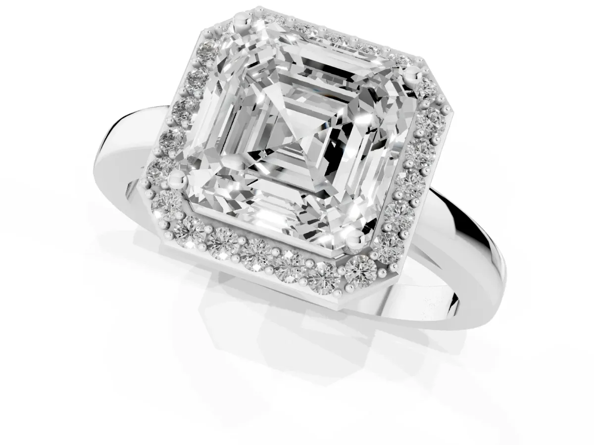Asscher Cut Halo Diamond Ring with Solitaire Band and Prong Setting Silver