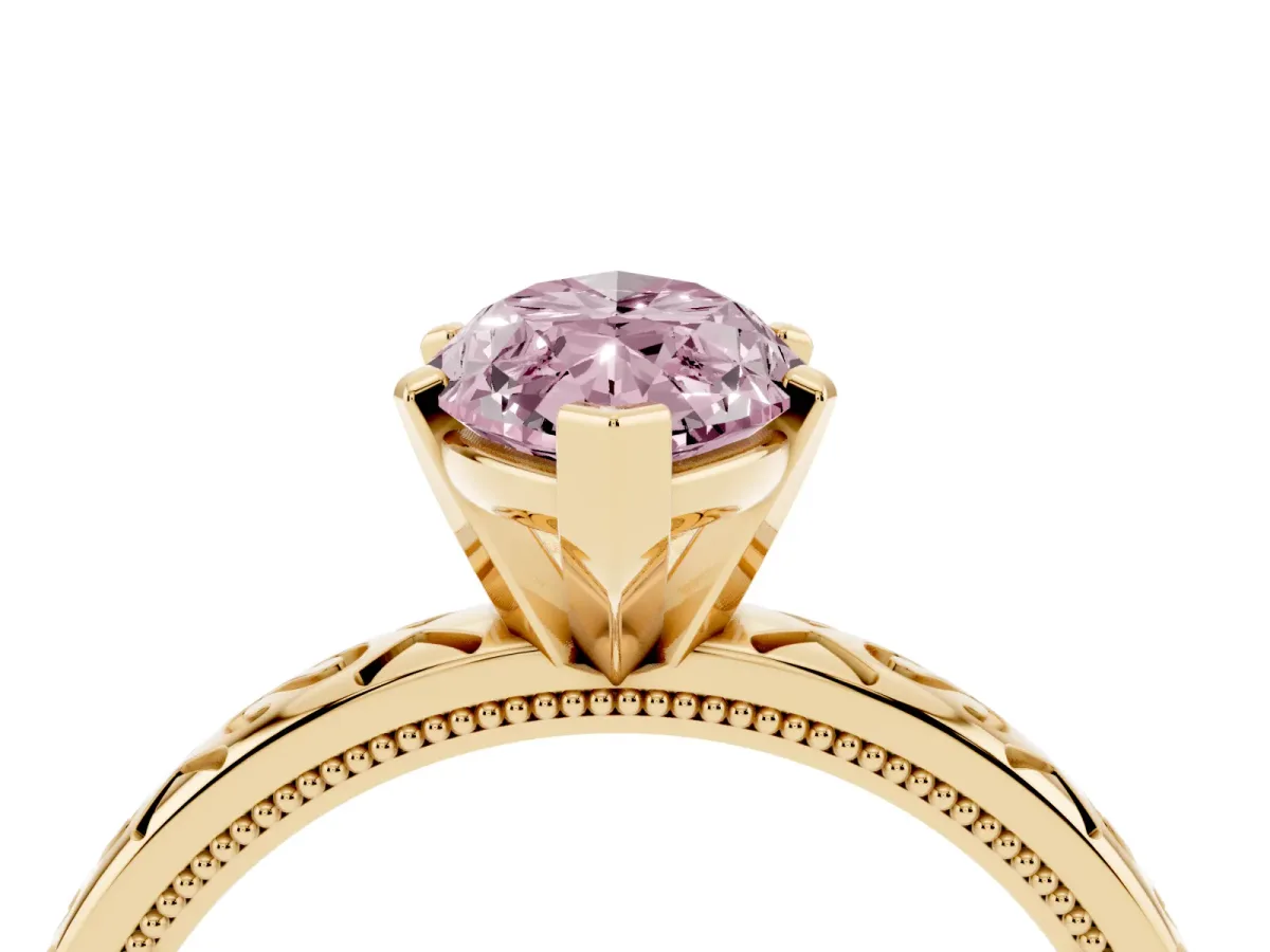 Fancy Pink Marquise Cut Solitaire Engagement Ring with Scrollwork Band and Four-Prong Setting Yellow gold