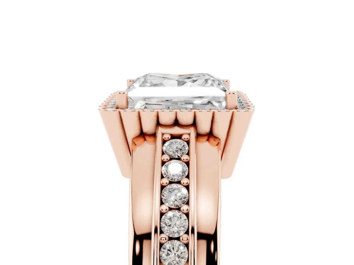Princess Cut Cut Halo Pave Band Four-Prong Ring Rose gold