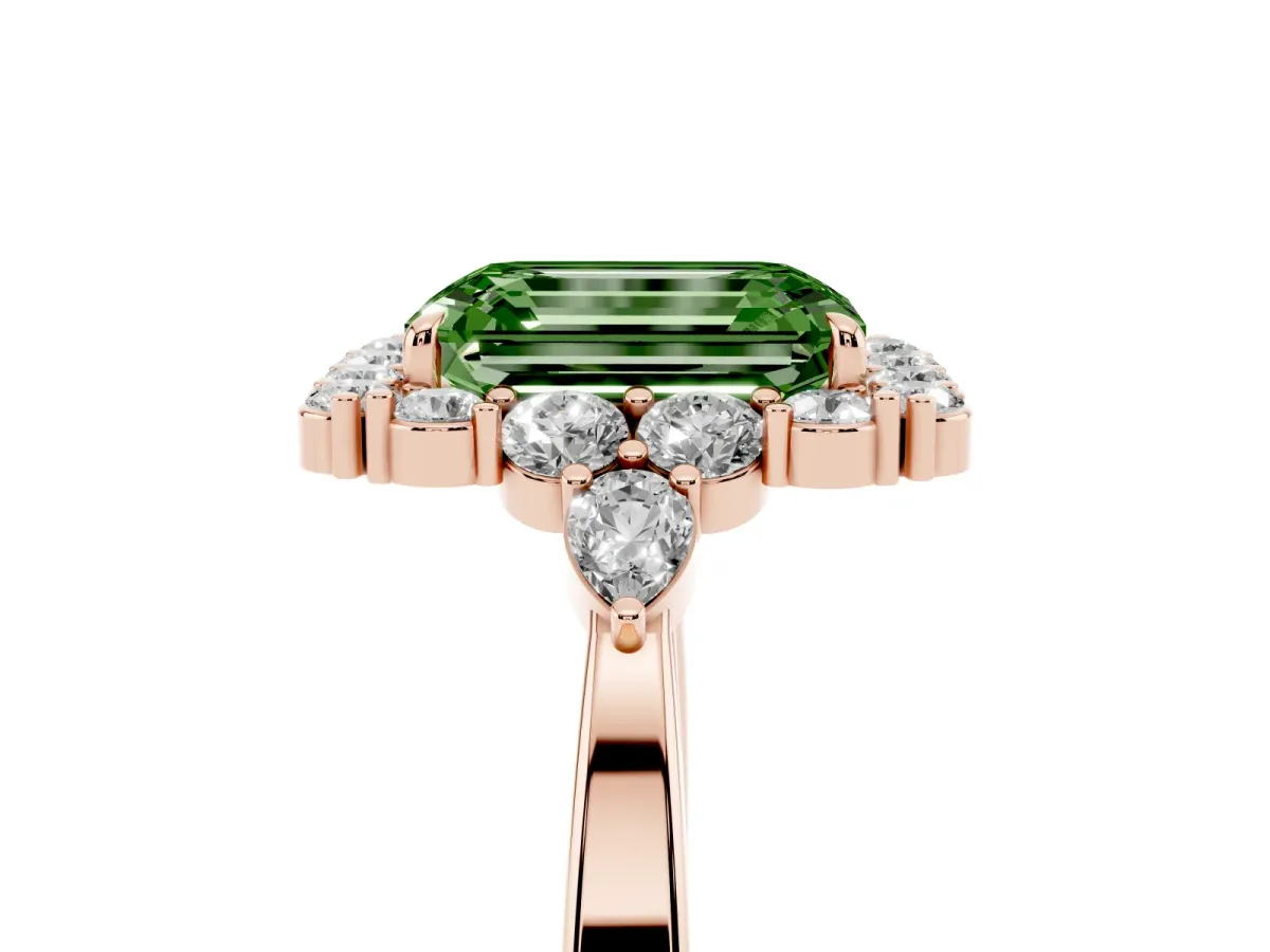Fancy Green Emerald Cut Diamond Halo Ring with Pear Side Stones and Prong Setting Rose gold