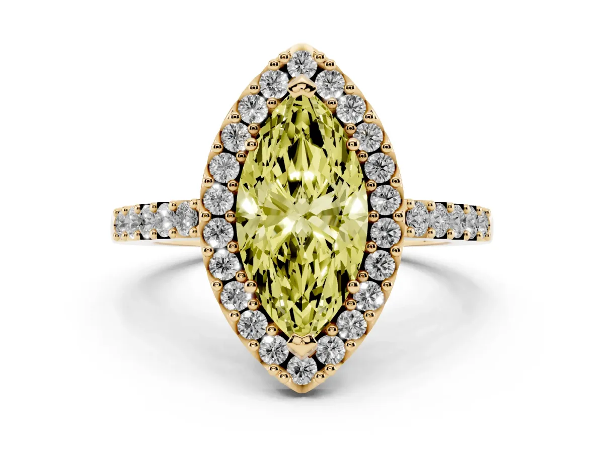 Fancy Yellow Marquise Cut Halo Diamond Pavé Solitaire Ring Yellow gold