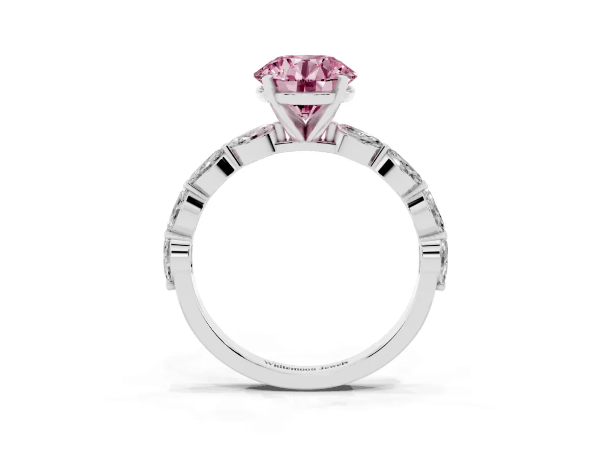 Fancy Pink Round Cut Diamond Ring with Marquise Side Stones and Prong Setting Silver