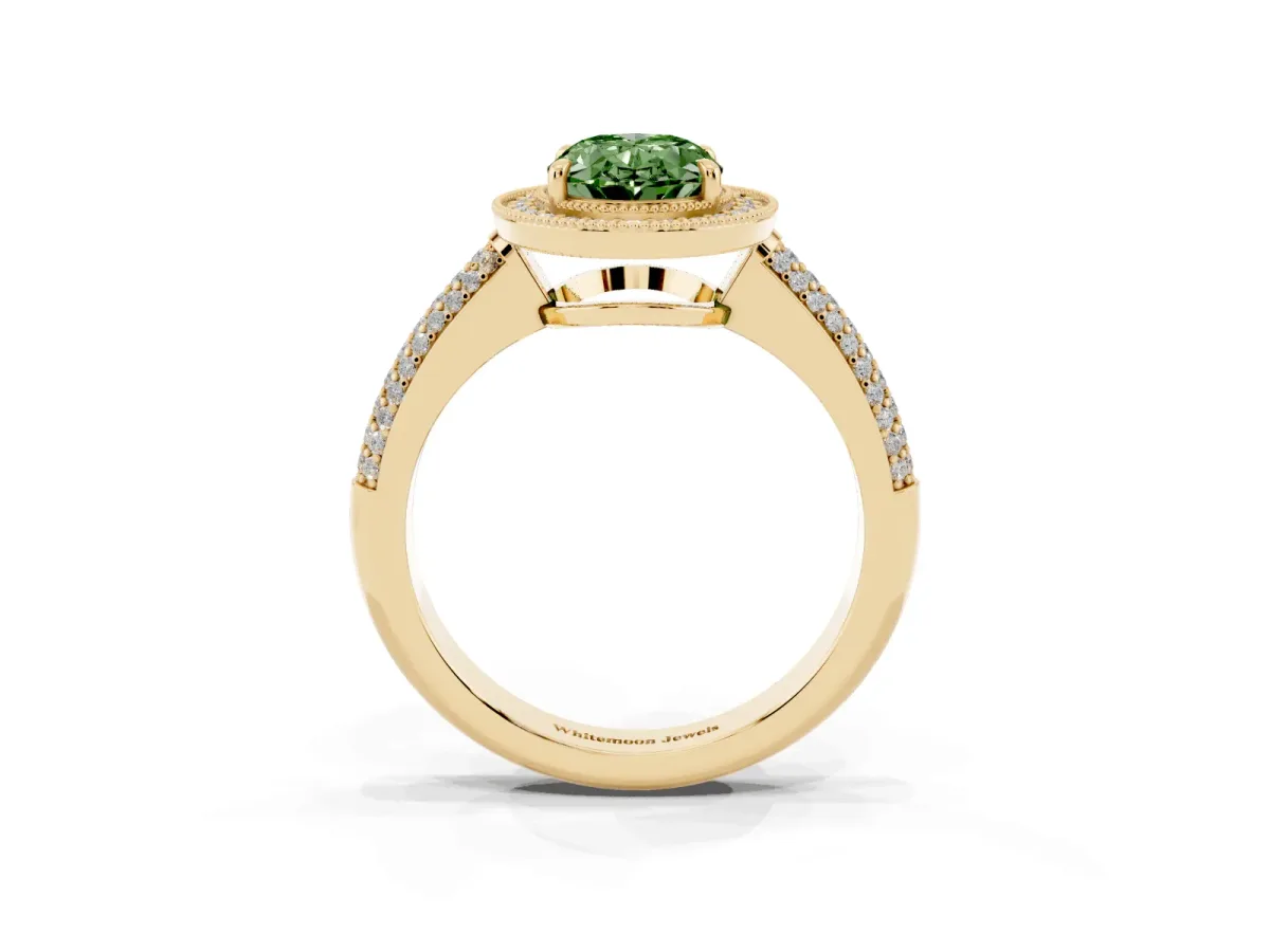 Fancy Green Oval Cut Cut Halo Diamond Pave Band with Four-Prong Setting Yellow gold