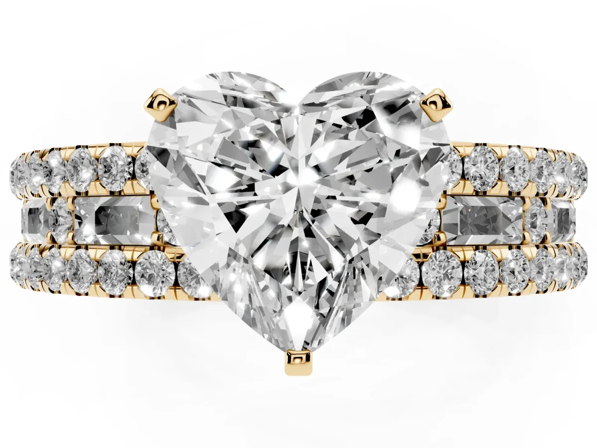 Heart Cut Diamond Solitaire Ring with Pavé and Channel Set Band Yellow gold