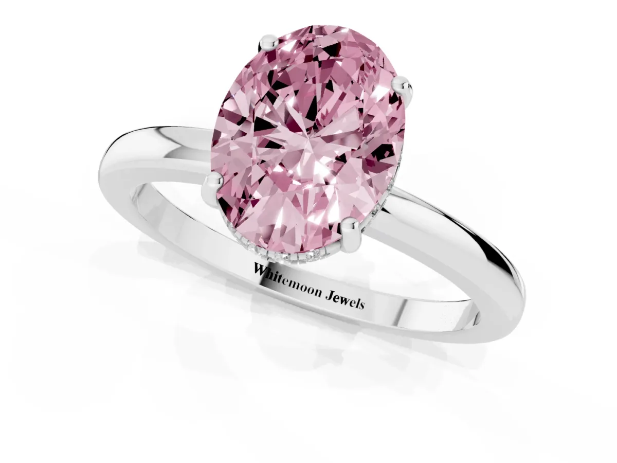 Fancy Pink Oval Cut Solitaire Diamond Ring with Prong Setting and Plain Band Silver