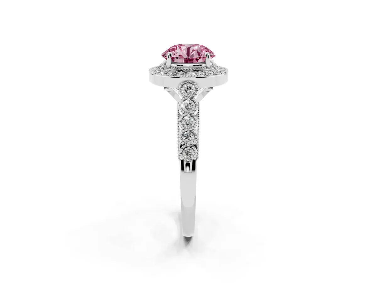Fancy Pink Round Cut Halo Milgrain Solitaire with Bezel Set Side Stones and Pave Band Silver
