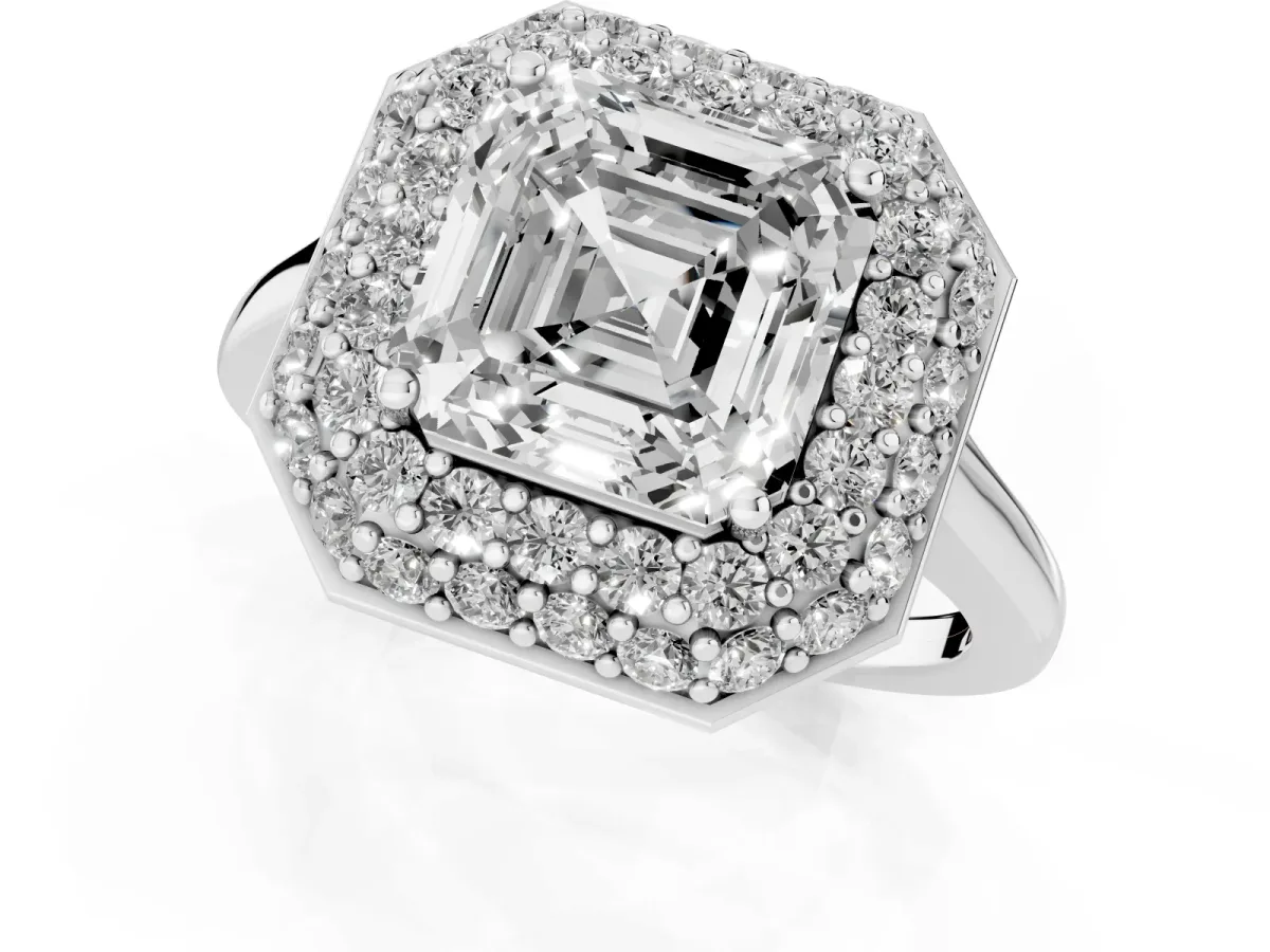 Asscher Cut Halo Diamond Engagement Ring with Solitaire Band and Four-Prong Setting Silver