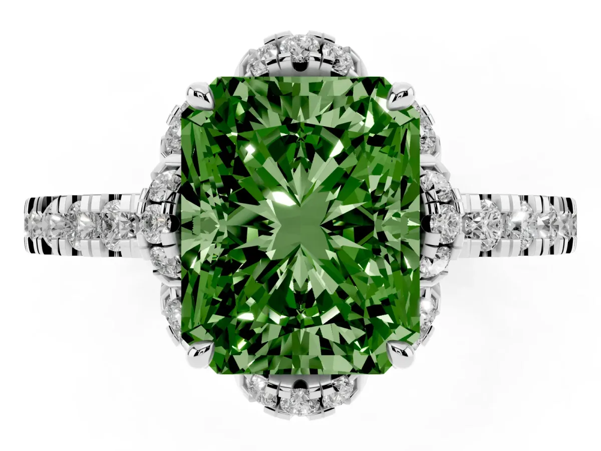 Fancy Green Radiant Cut Halo Diamond Pave Band Ring with Four-Prong Setting Platinum