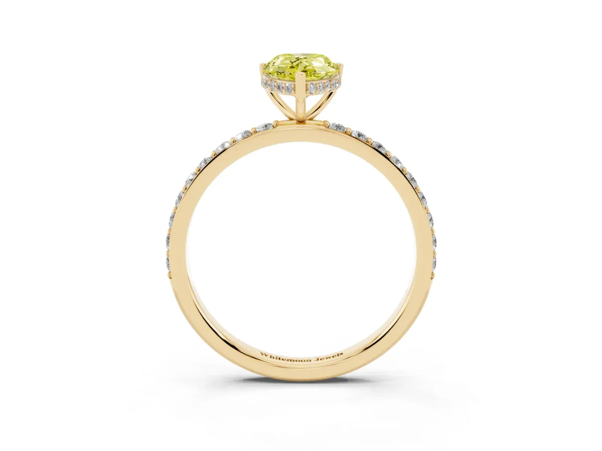 Fancy Yellow Pear Cut Diamond Solitaire Ring with Pavé Band and Hidden Halo Yellow gold
