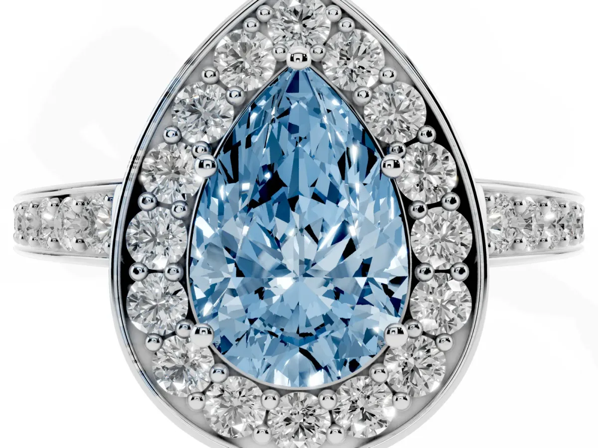 Fancy Blue Pear Cut Halo Pavé Diamond Engagement Ring with Bezel Setting Platinum
