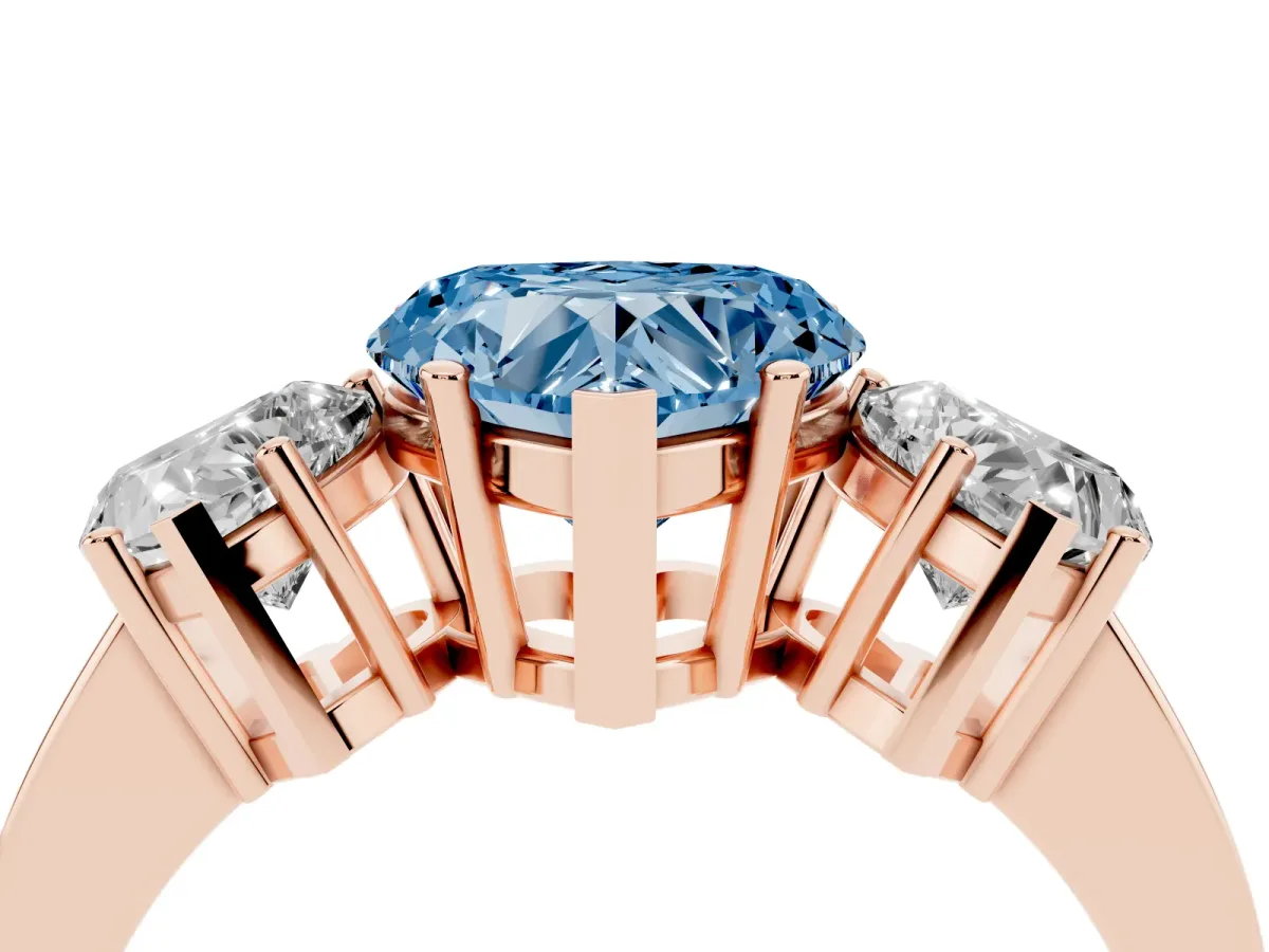 Fancy Blue Three-Stone Heart Cut Cut Diamond Engagement Ring with Flat Band and Four-Prong Setting Rose gold