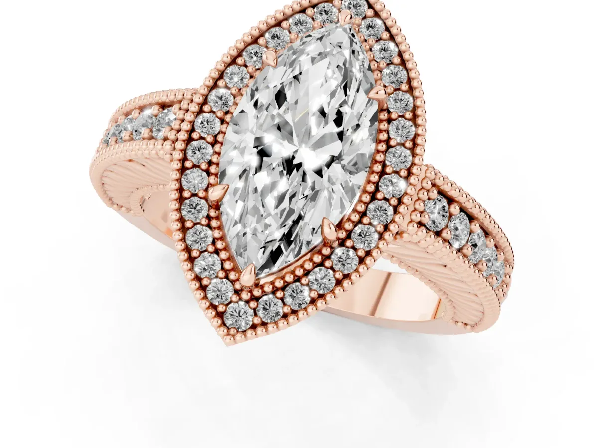 Marquise Cut Cut Halo Diamond Ring with Pavé Band and Four-Prong Setting Rose gold