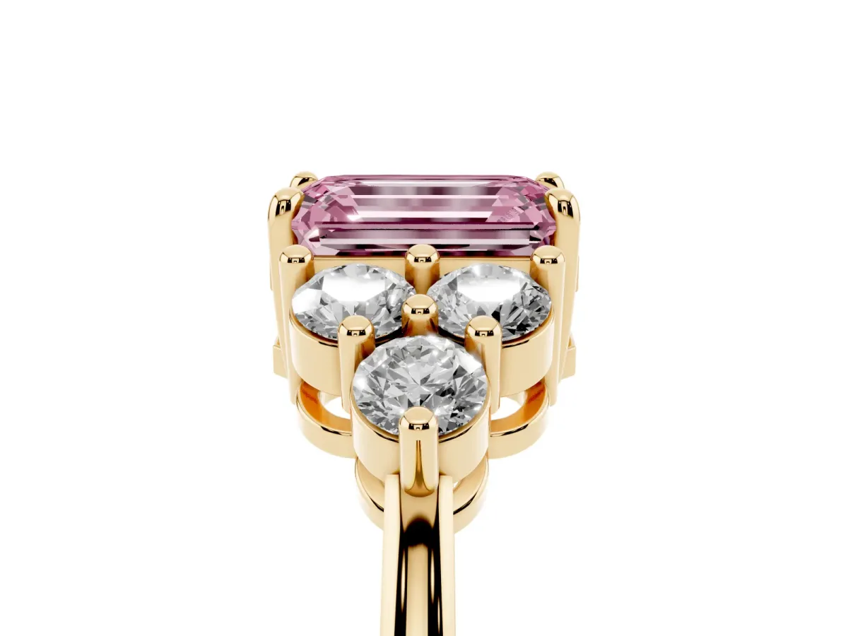 Fancy Pink Emerald Cut Brilliant Diamond Cluster Accent Solitaire Ring with Prong Setting Yellow gold