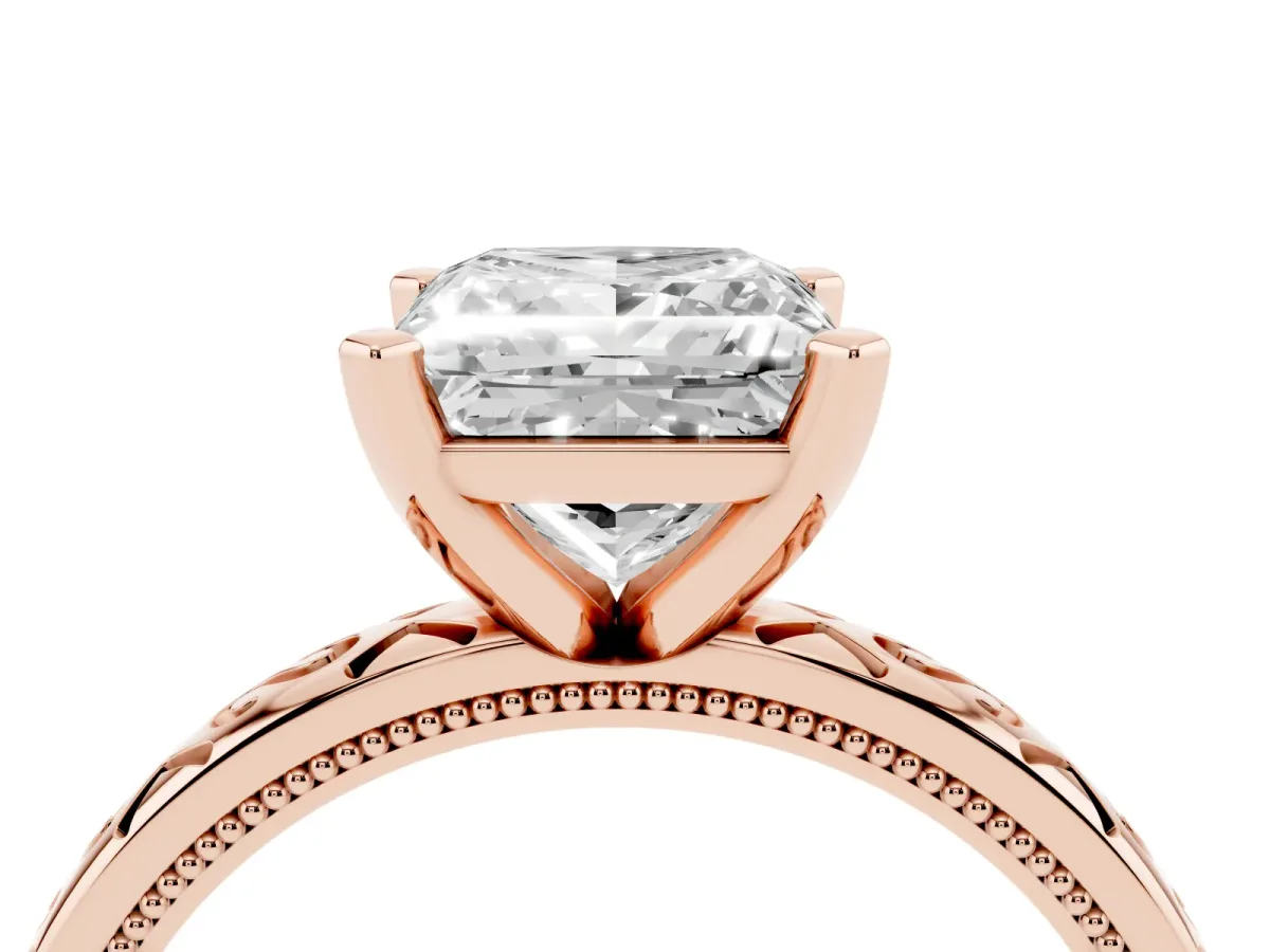 Princess Cut Solitaire Engagement Ring with Scrollwork Band and Four-Prong Setting Rose gold