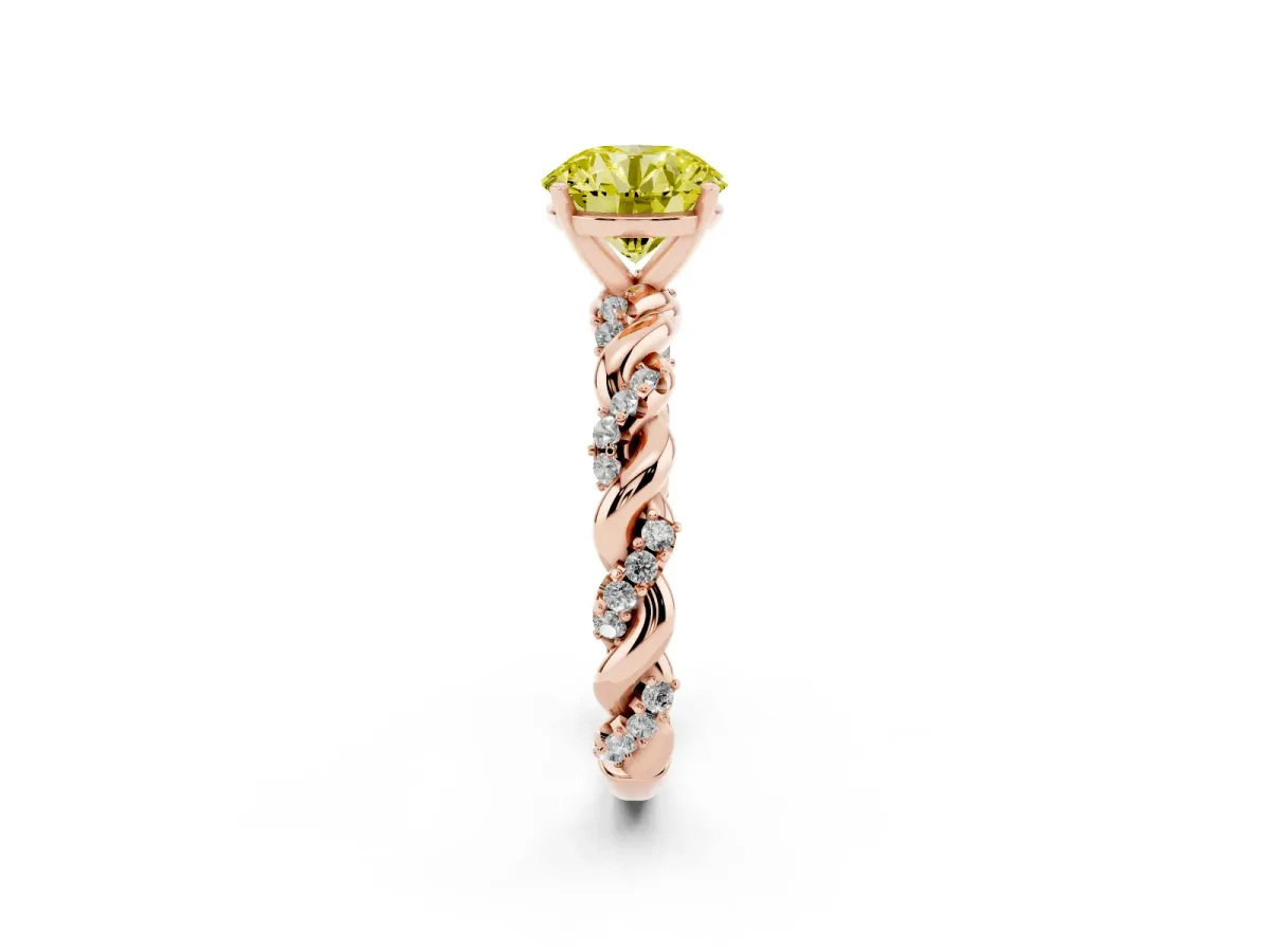 Fancy Yellow Round Cut Diamond Solitaire Ring with Twisted Band and Pavé Accents Rose gold