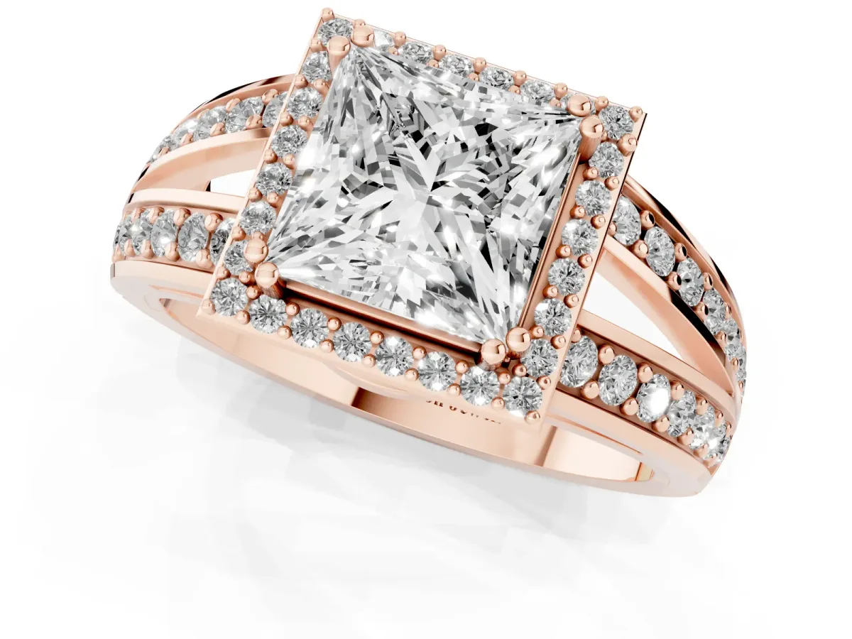 Princess Cut Diamond Halo Ring with Split Shank Pavé Band and Four-Prong Setting Rose gold