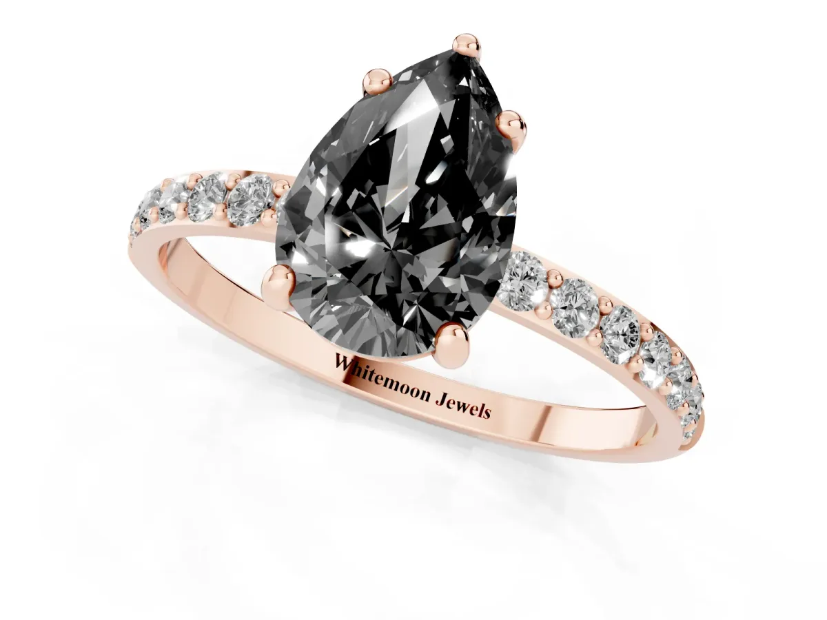 Fancy Black Pear Cut Diamond Solitaire Ring with Round Pavé Band and Prong Setting Rose gold