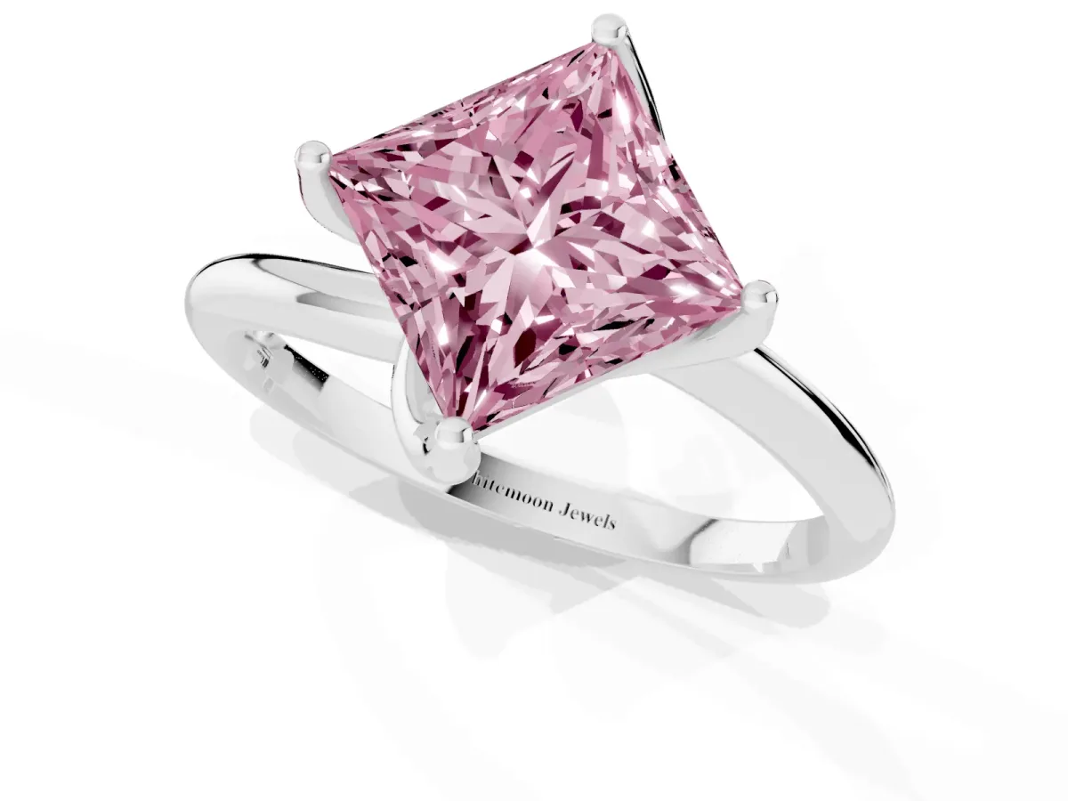 Fancy Pink Princess Cut Diamond Solitaire Engagement Ring with Four-Prong Setting and Classic Band White gold