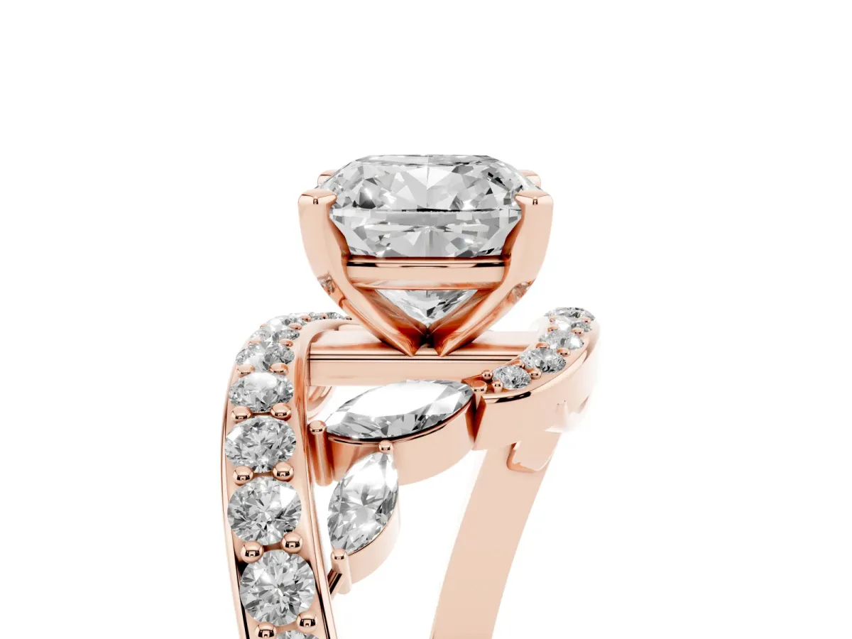Cushion Cut Diamond Solitaire Ring with Filigree Band and Four-Prong Setting Rose gold