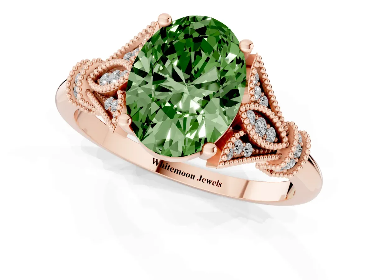 Fancy Green Oval Cut Diamond Solitaire Ring with Floral Filigree and Pave Accents Rose gold