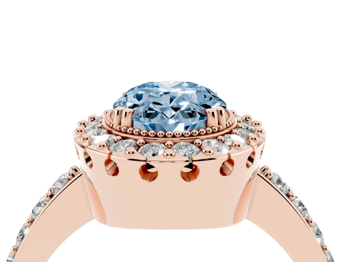 Fancy Blue Oval Cut Diamond Halo Ring with Pavé Band and Prong Setting Rose gold