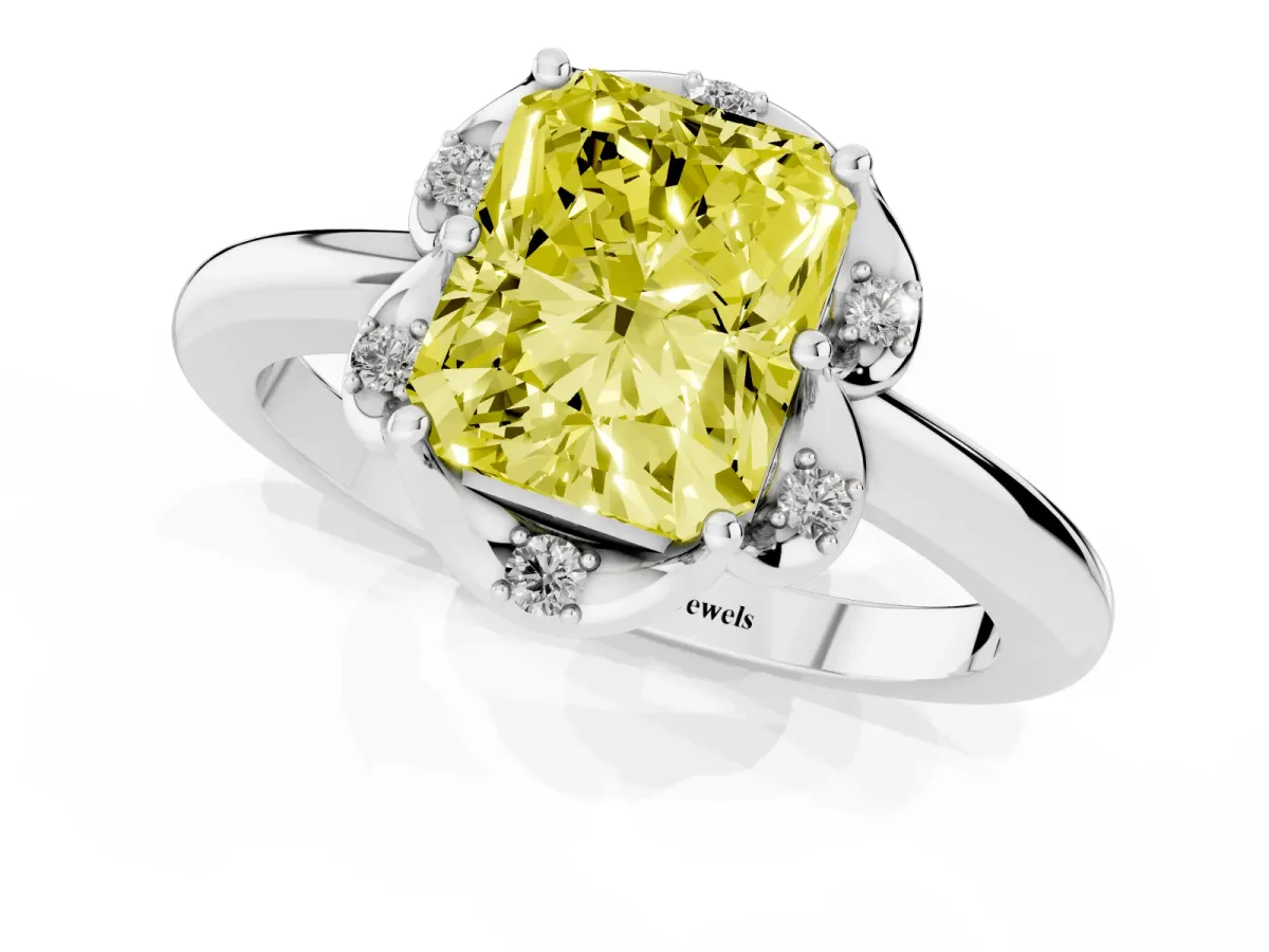 Fancy Yellow Radiant Cut Halo Diamond Ring with Round Cluster Setting, Solitaire Band, and Four-Prong Setting Platinum