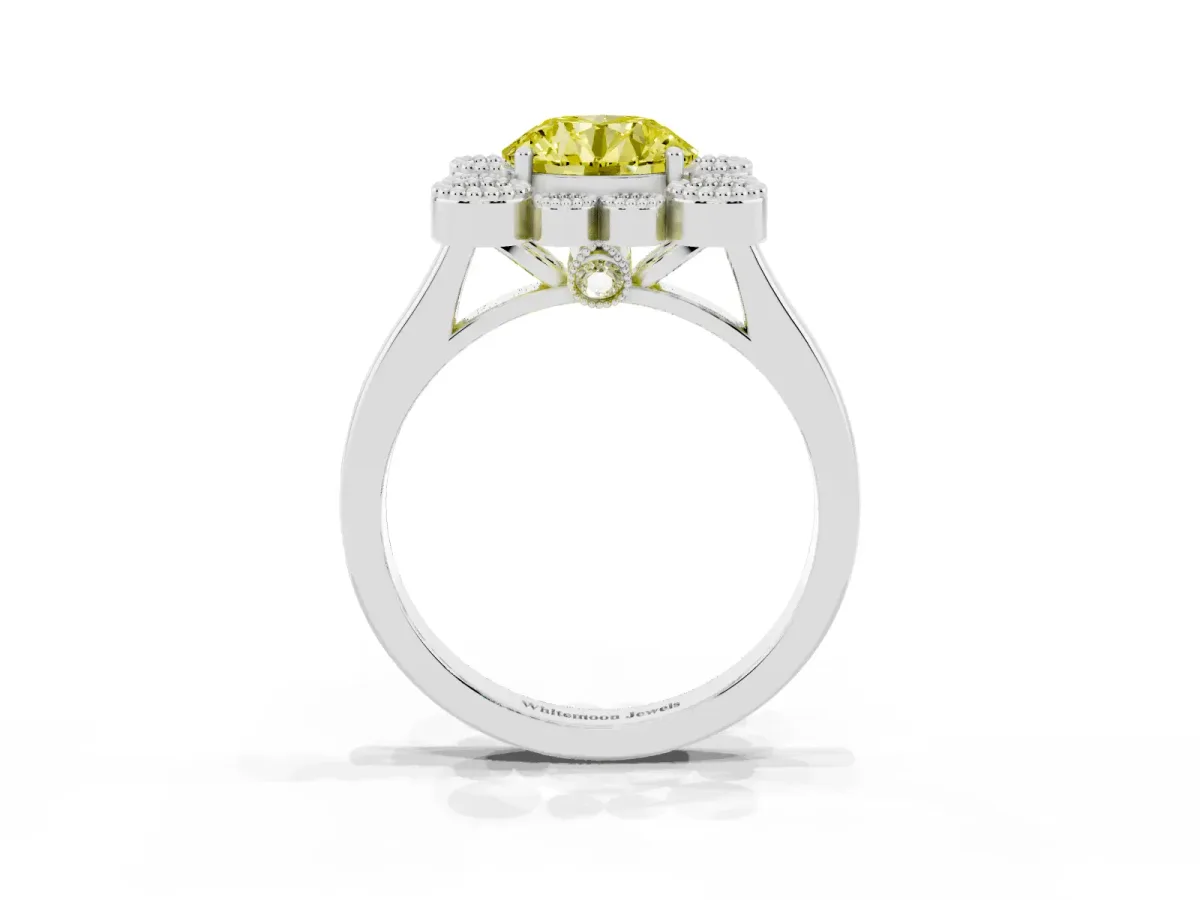 Fancy Yellow Round Cut Halo Diamond Cluster Engagement Ring with Milgrain Bezel Setting and Solitaire Band Silver