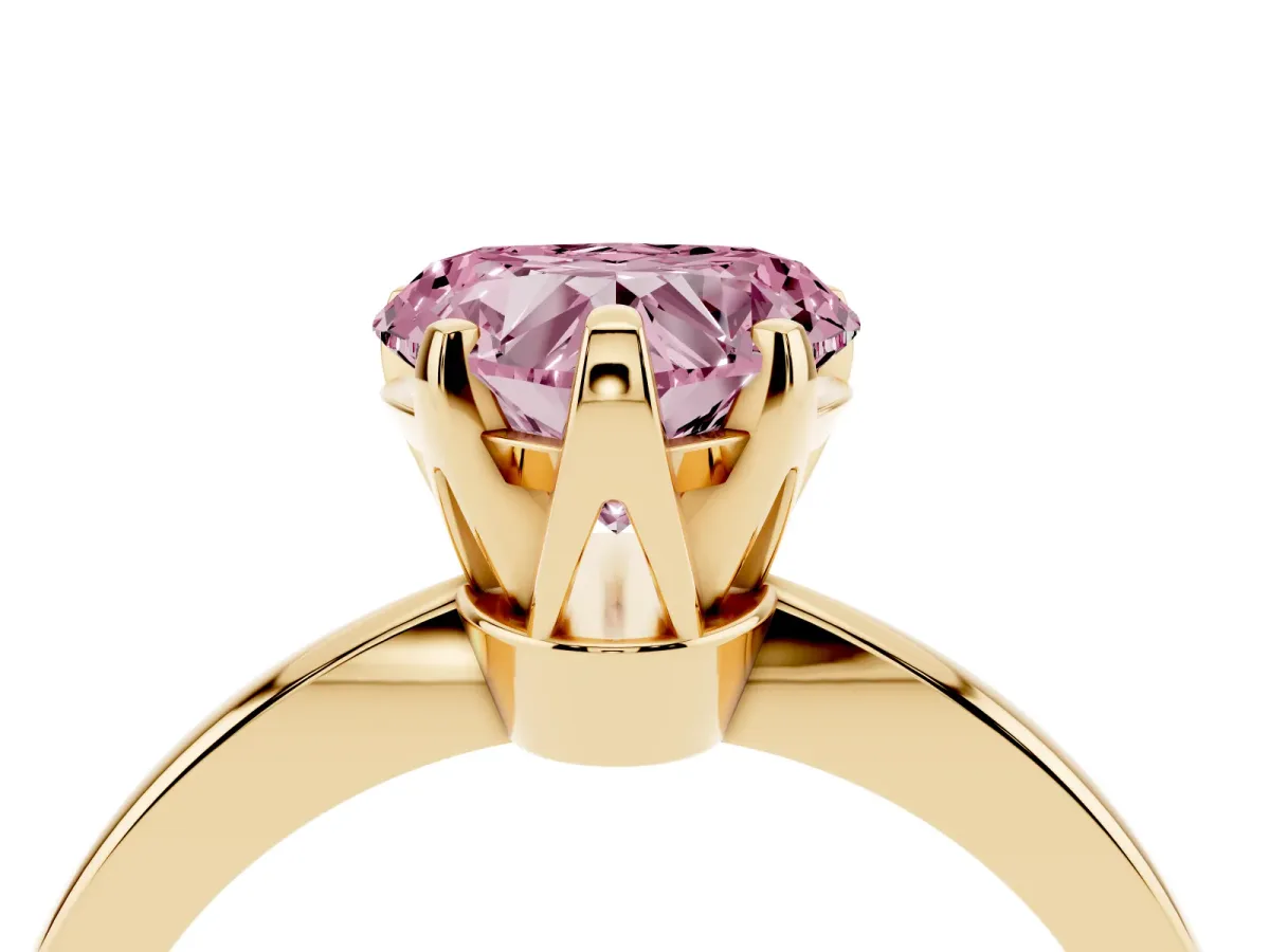 Fancy Pink Heart Cut Solitaire Engagement Ring with Six-Prong Setting and Tapered Band Yellow gold