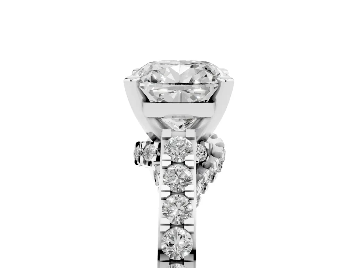 Cushion Cut Diamond Solitaire Ring with Crossover Gallery and Round Pavé Band Silver
