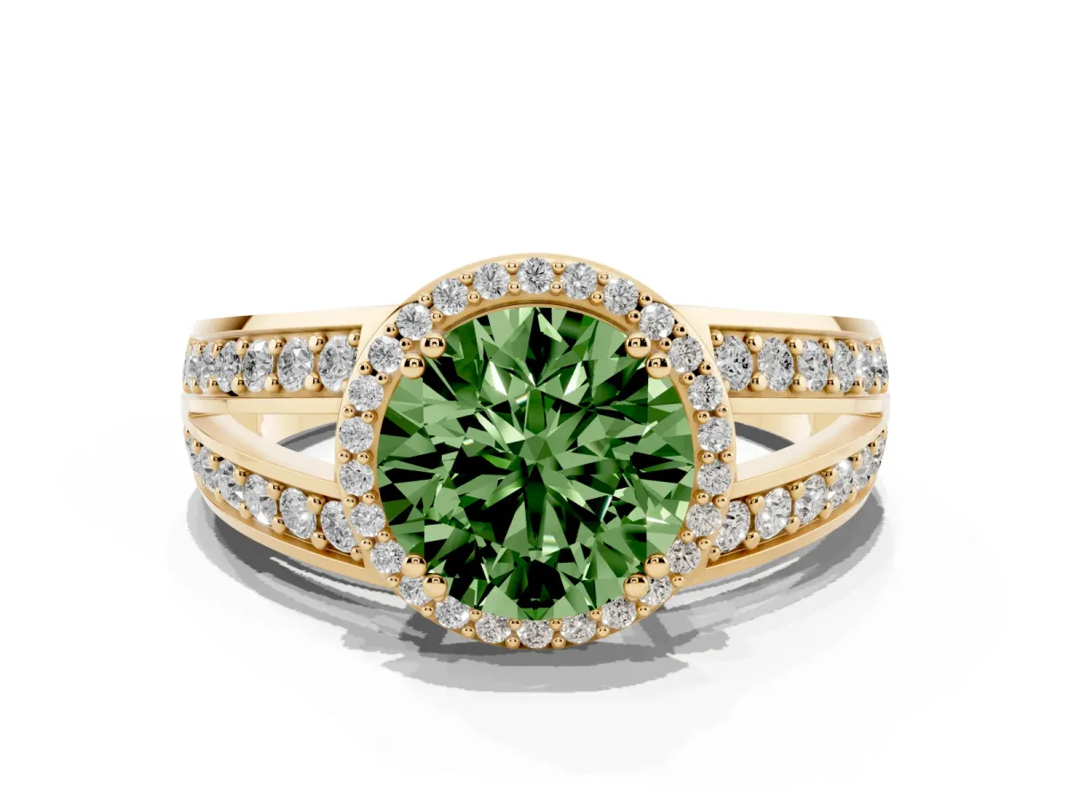 Fancy Green Round Cut Diamond Halo Ring with Split Shank Pavé Band and Four-Prong Setting Yellow gold