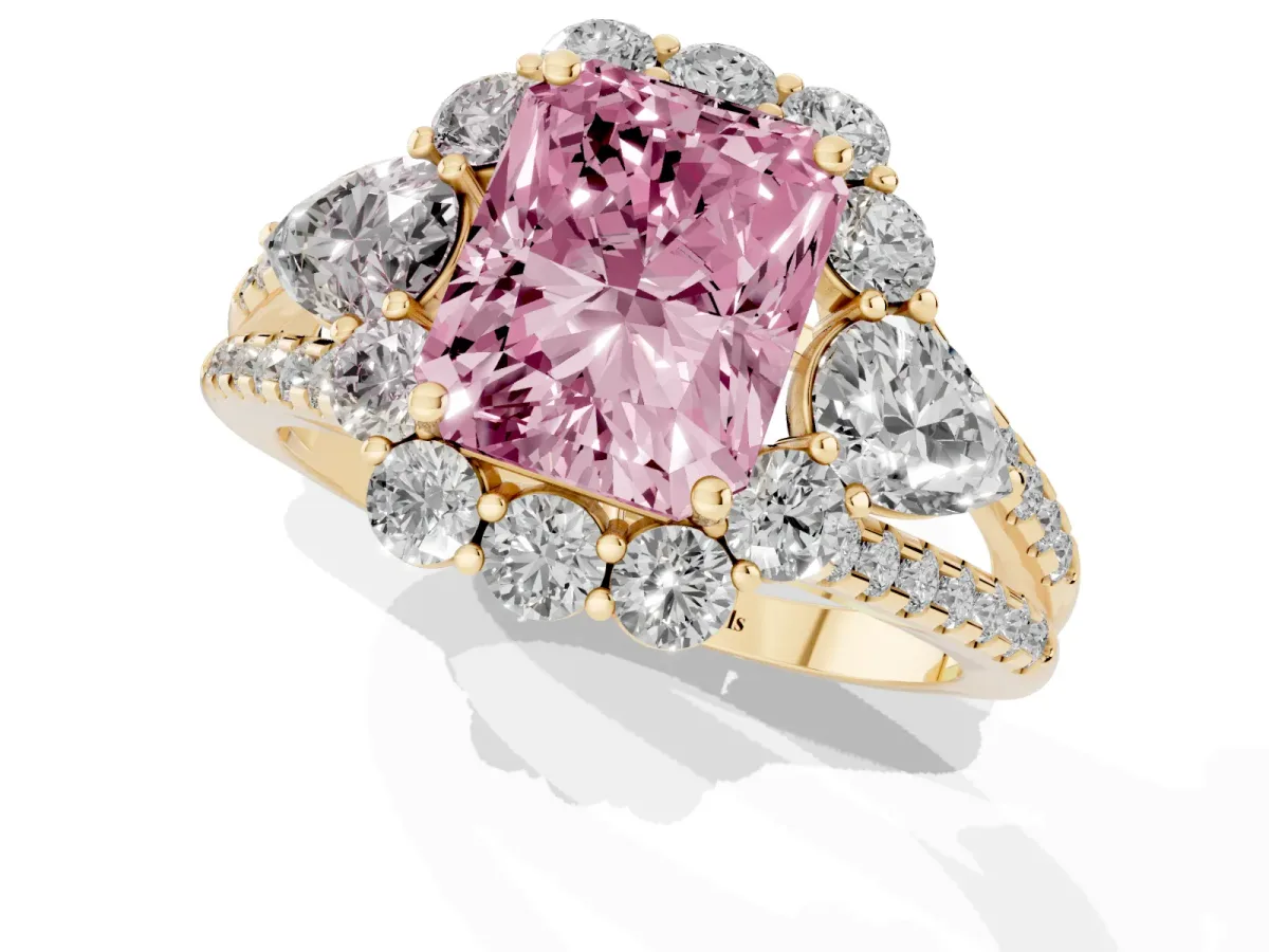 Fancy Pink Radiant Cut Halo Split Shank Diamond Engagement Ring with Prong Setting Yellow gold