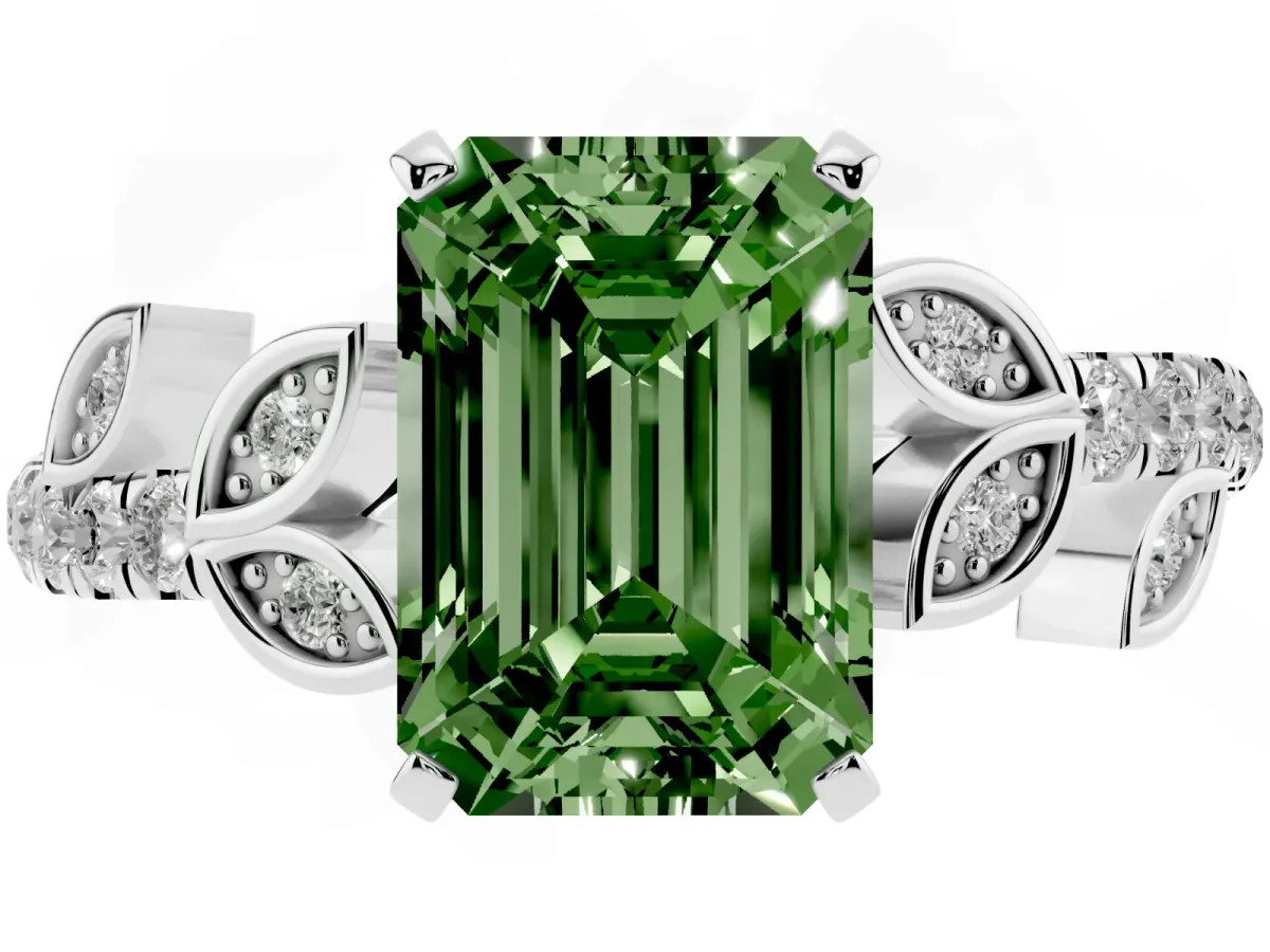 Fancy Green Emerald Cut Solitaire Leaf-Inspired Diamond Ring with Pavé Band and Four-Prong Setting Silver